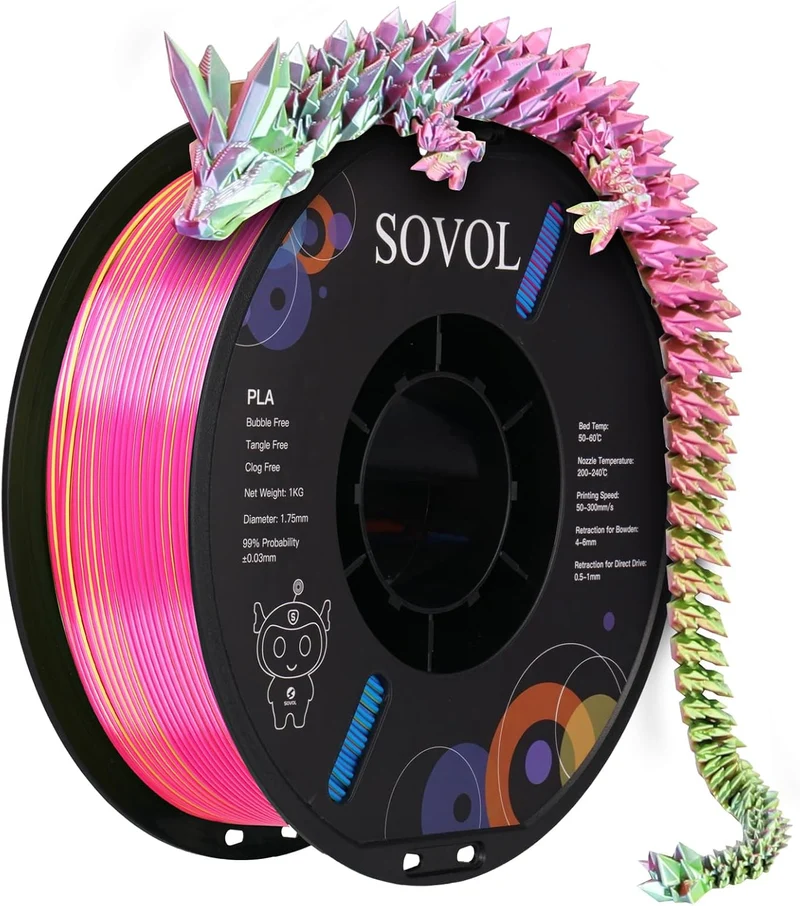 Sovol Silk Tri-Color PLA Filament – Rose Blue Yellow
