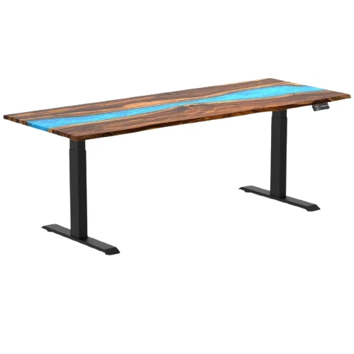 Desky Dual Resin Hardwood Sit Stand Desk 200cm Pheasantwood Blue River Desktop and Black Frame