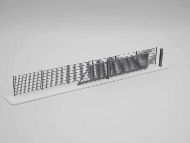 H0 Stablmattenzaun, Industriezaun, Metallzaun - Silber - Gesamtlänge 100 cm - SET mit Schiebetor