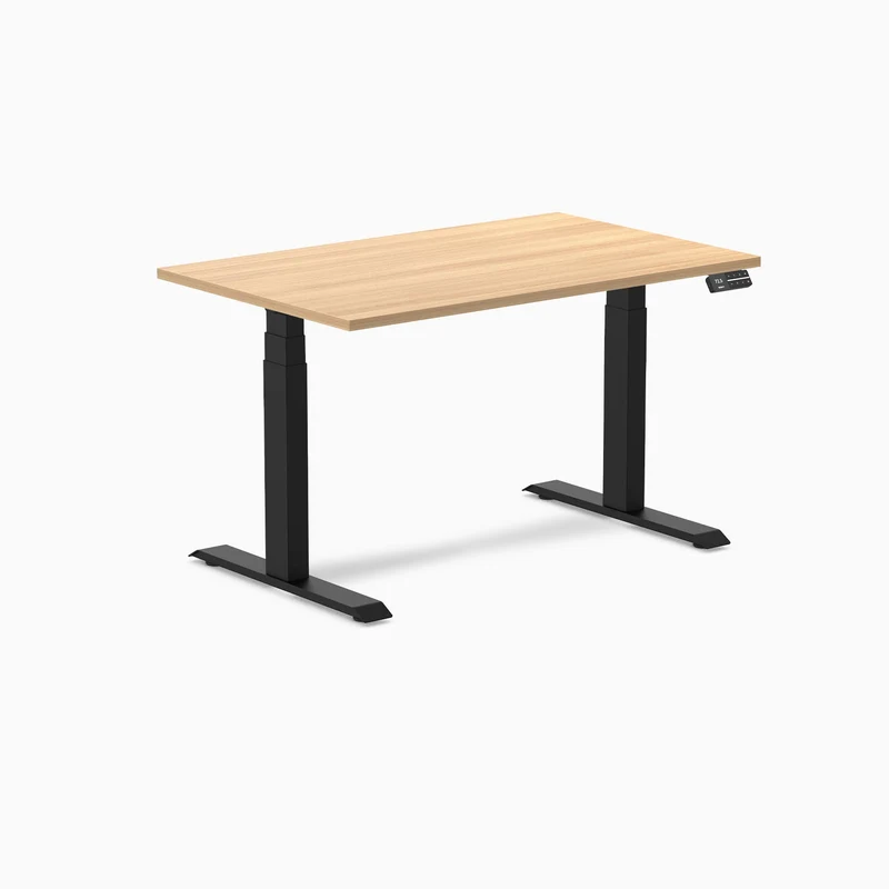 Desky Dual Melamine Sit Stand Desk 120cm Sublime Teak Desktop and Matte Black Frame