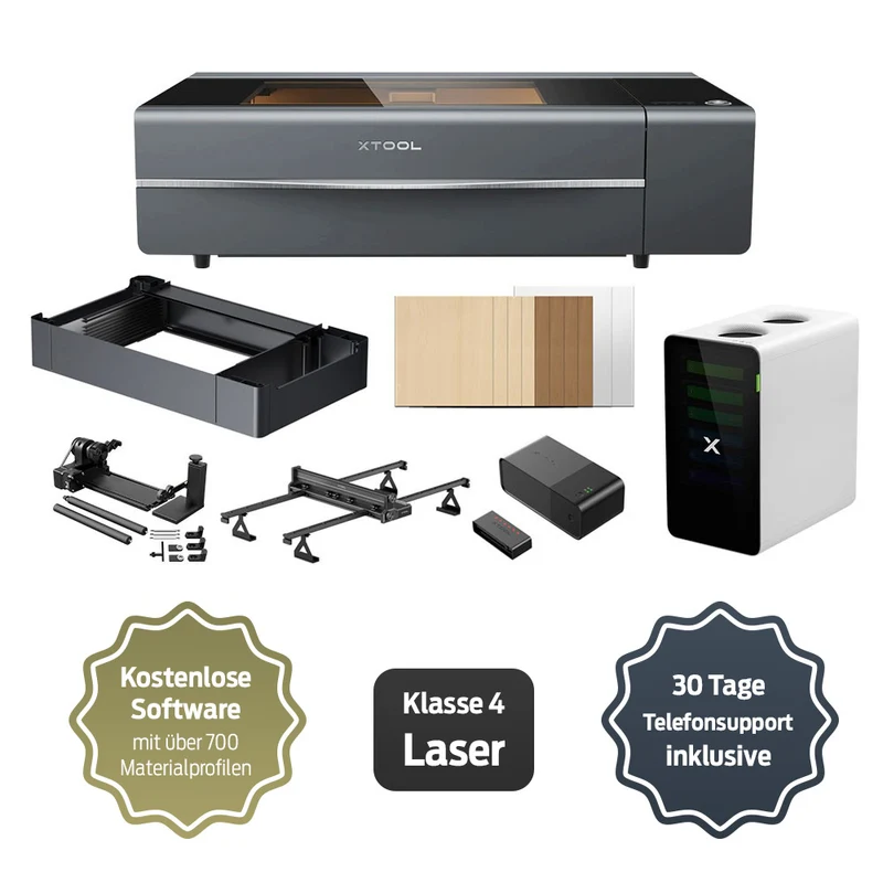 Bundle: xTool P2S Desktop-CO2-Laserschneider mit 55 W (Grau/Schwarz) All-In-One Bundle
