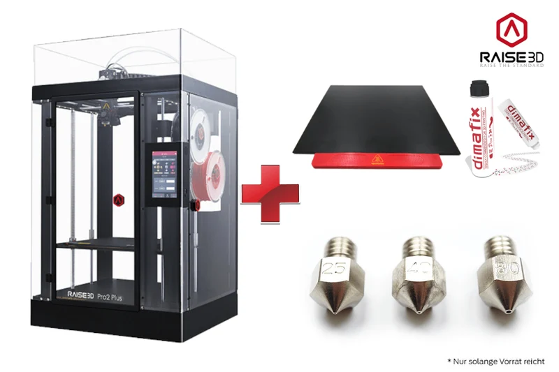 ALL-IN-ONE-Paket: Raise3D Pro2 Plus 3D-Drucker mit Dual-Extruder + Pro2 Build Plate + 3DSolex Düsen Kit + DimaFix Pen