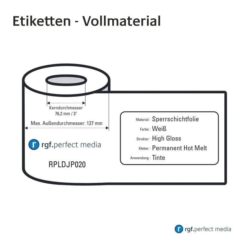 RPLDJP020 - Sperrschichtfolie-Etiketten, Weiß, Hochglanz, Permanent Hot Melt, Tinte / Inkjet - Vollmaterial 130mm