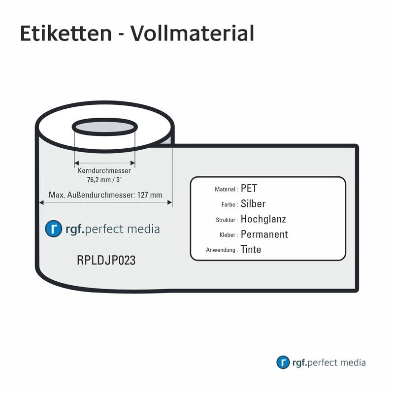RPLDJP023 - PET-Etiketten, Silber, Hochglanz, Permanent, Tinte / Inkjet - Vollmaterial 130mm
