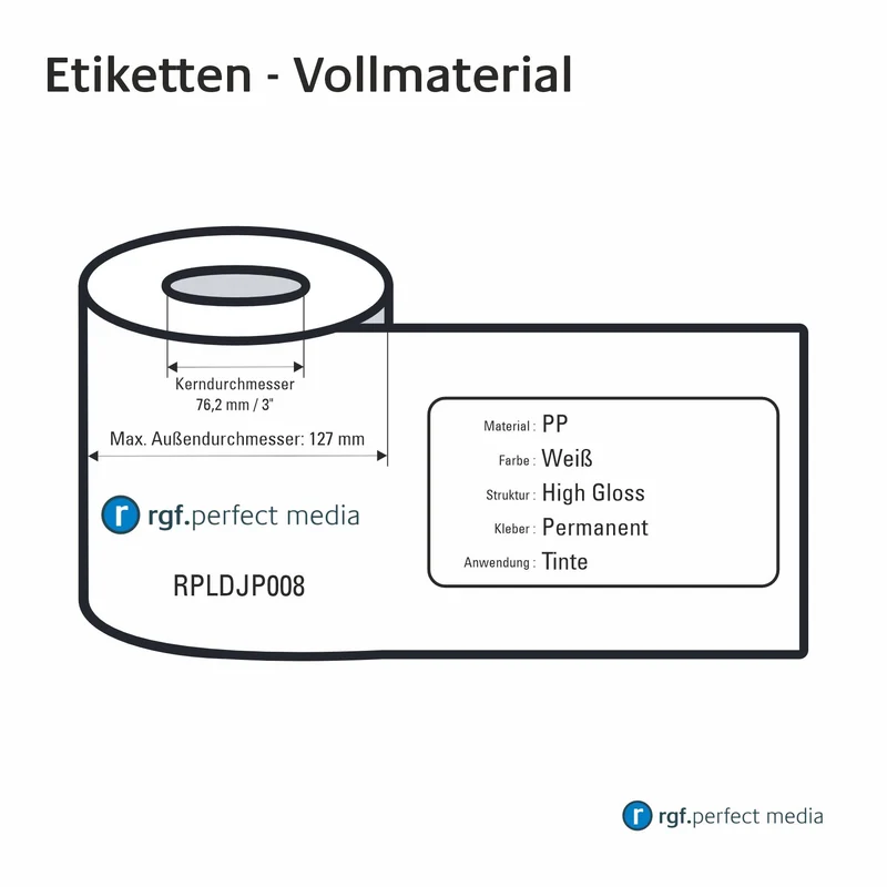 RPLDJP008 - PP-Etiketten, Weiß, Hochglanz, Permanent, Tinte / Inkjet - Vollmaterial 130mm