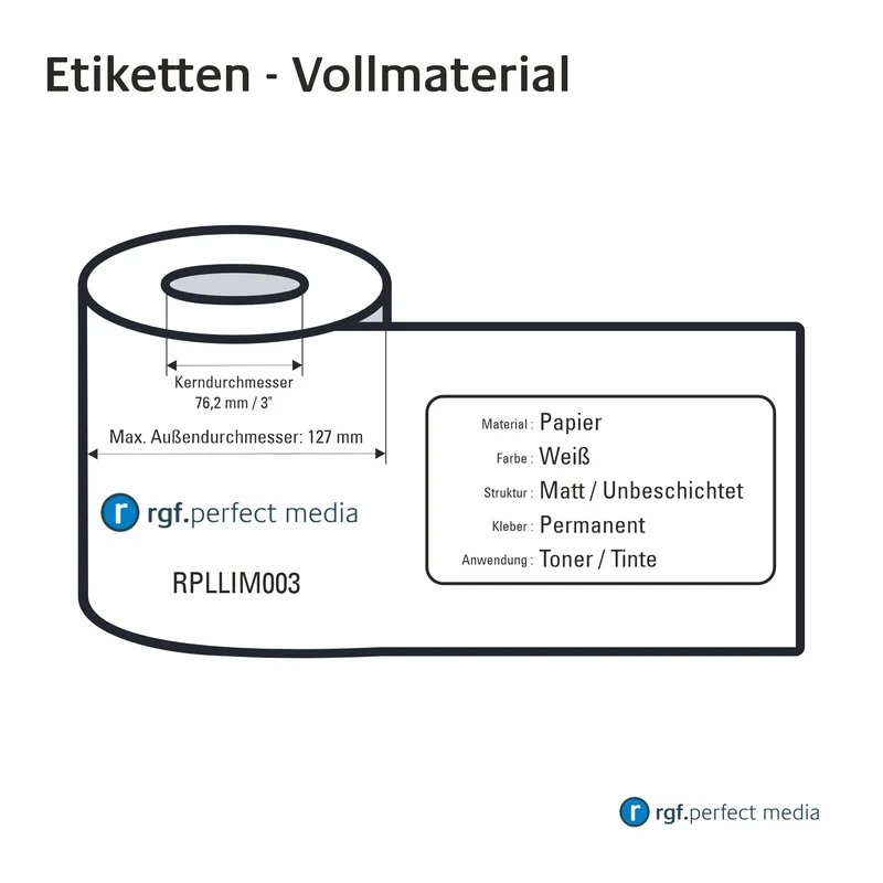 RPLLIM003 - Papier-Etiketten, Weiß, Matte, Unbeschichtet, Permanent, Toner / LED / Laser - Vollmaterial 130mm