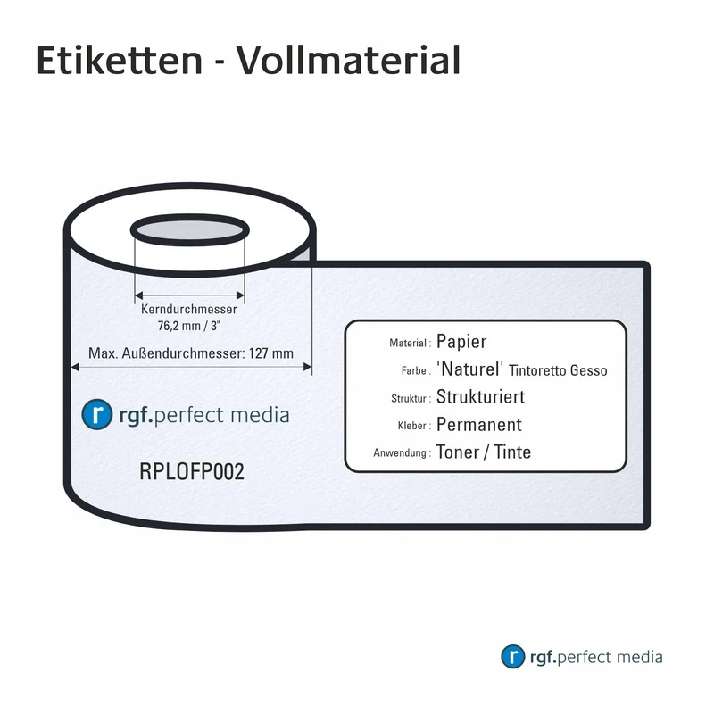 RPLOFP002 - Papier-Etiketten, Natur, Matt, Tintoretto Gesso Strukturiert, Permanent, Toner / LED / Laser - Vollmaterial 130mm