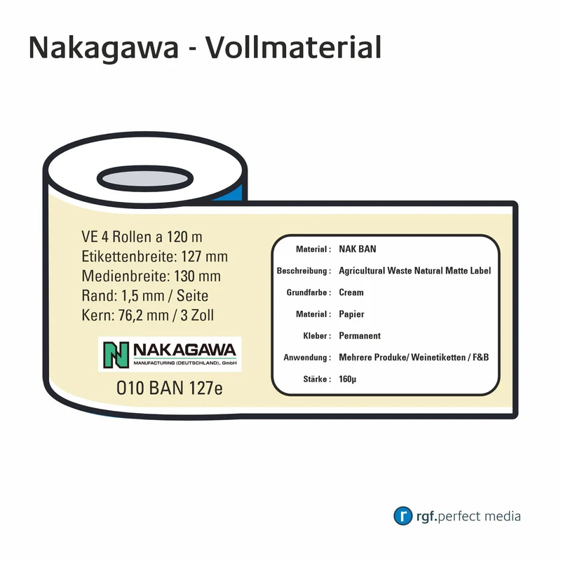 Nakagawa - Kompostierbare Etiketten - Vollmaterial 130mm - Toner / LED / Laser