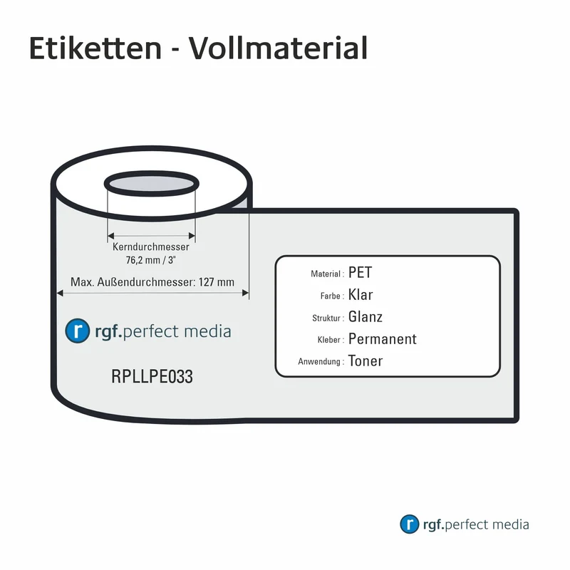 RPLLPE033 - PET-Etiketten, Klar, Glanz, Permanent, Toner / LED / Laser - Vollmaterial 130mm