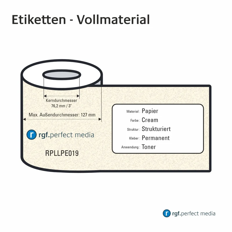 RPLLPE019 - Papier-Etiketten, Cream, Strukturiert, Permanent, Toner / LED / Laser - Vollmaterial 130mm