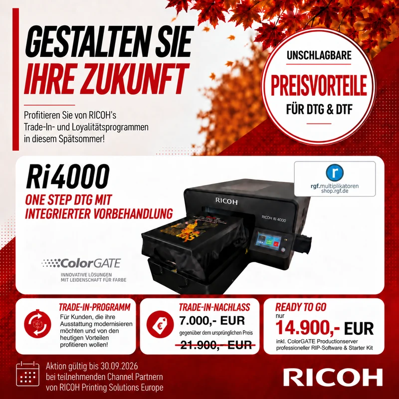 Ricoh Ri 4000 - Single Pass DTG inkl. Vorbehandlung für Polyester und Baumwolle - Aktionspreis bis zum 30.09.26!