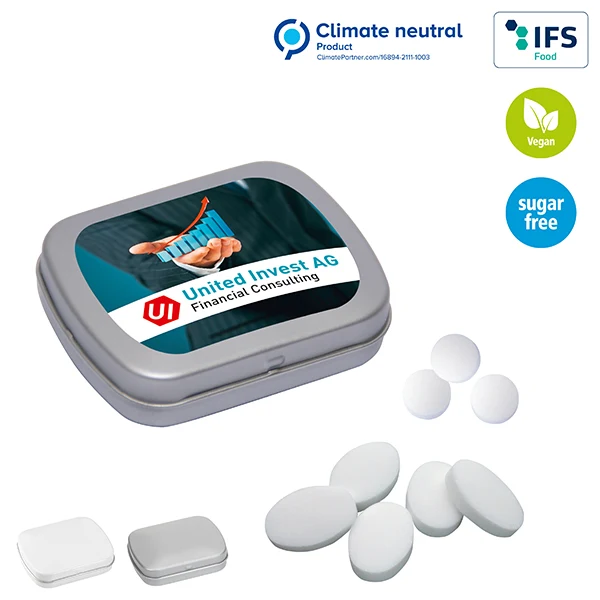 Mini-Klappdose mit zuckerfreien Pfefferminzpastillen