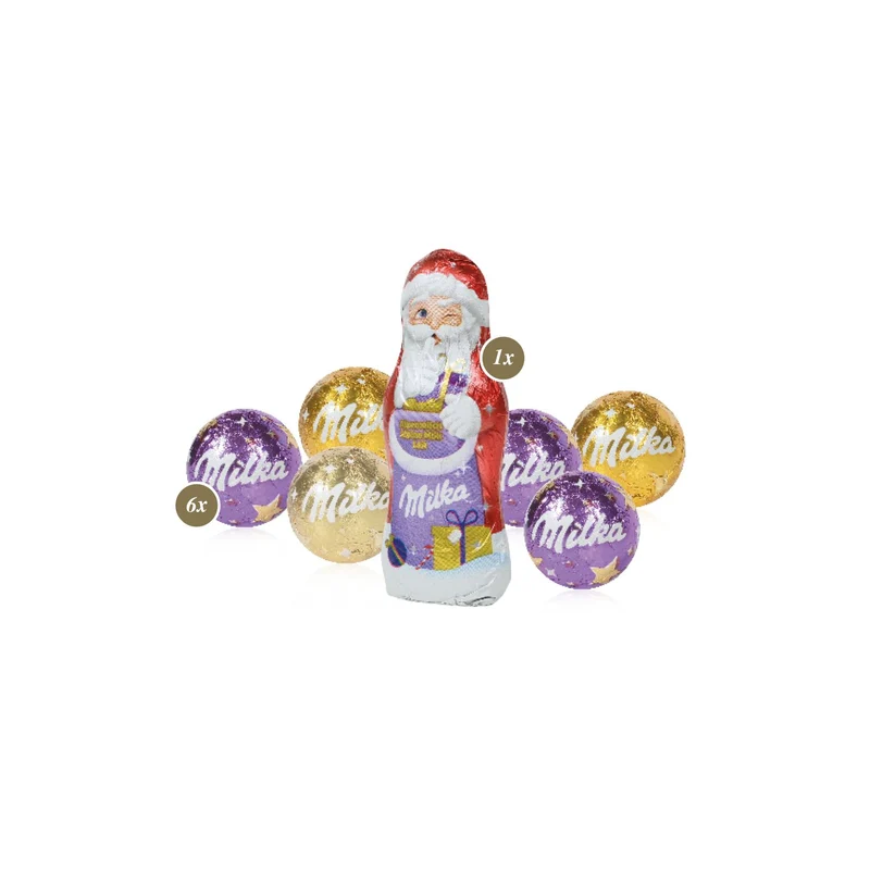 Kissenverpackung mit Milka Kugeln und Milka Weihnachtsmann