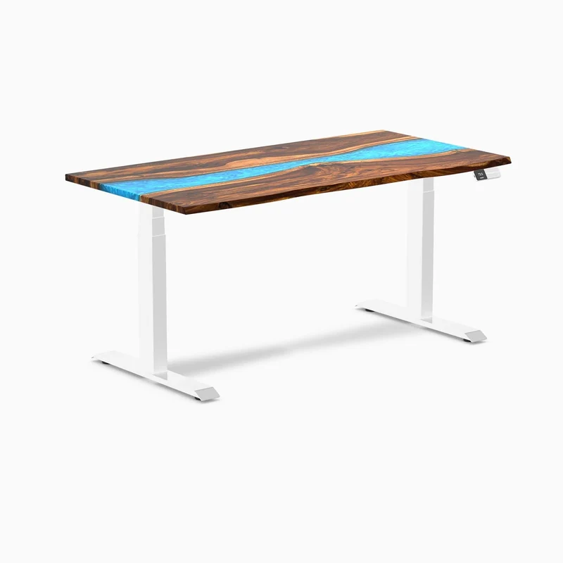 Desky Dual Resin Hardwood Sit Stand Desk 150cm Pheasantwood Blue River Desktop and White Frame